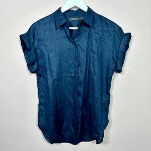 LAUREN RALPH LAUREN Navy Linen Short‎ Sleeve Buttondown Shirt, Petite Medium